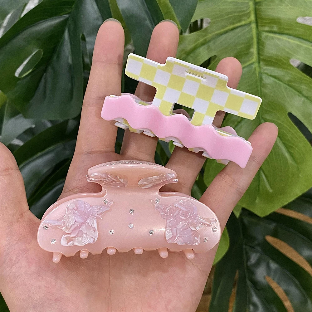 Acetate Pink Rainbow Eye Flower Lattice Hamburger Hair Clip Claw For Women Temperament Ponytail Barrette Hair Accessories 2023