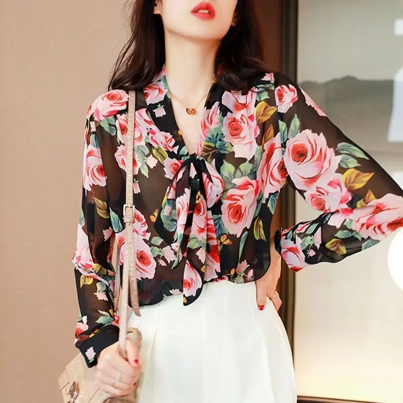 2023 Spring and Summer Fashion Printing Vintage Hong Kong Style V-Neck Bow Long Sleeve Loose Casual Versatile Women's Shirt