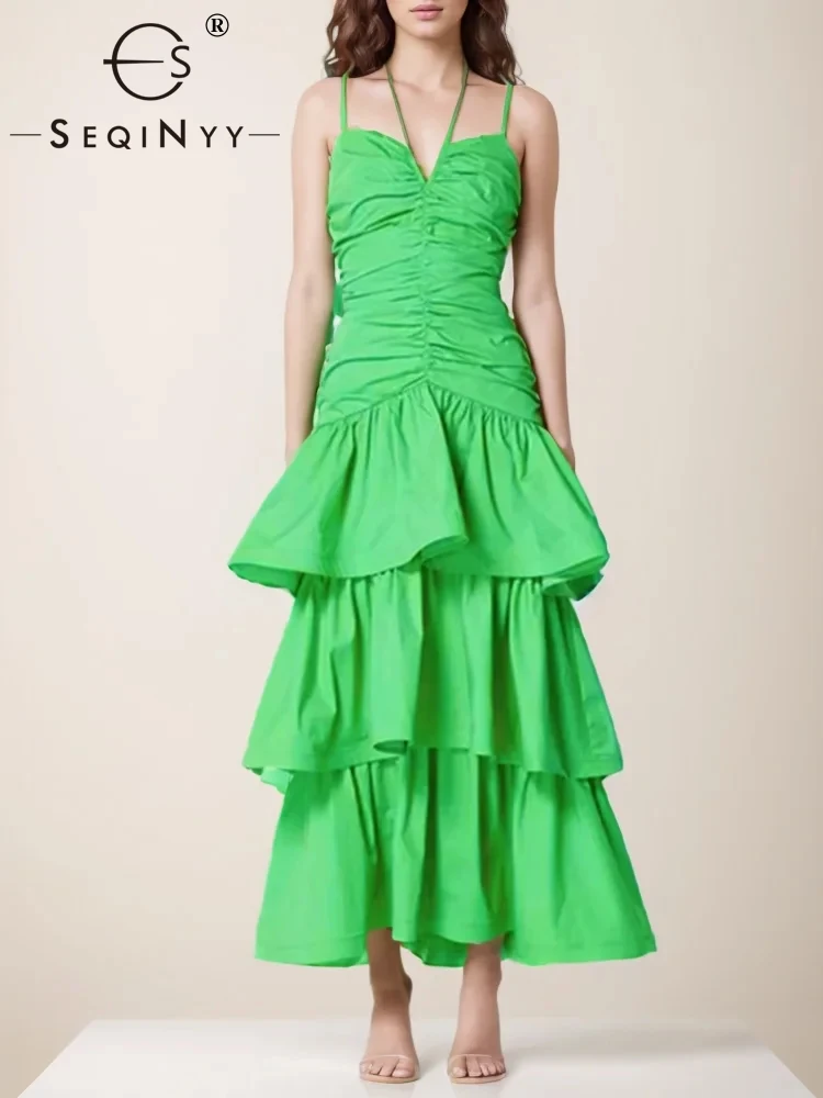 

SEQINYY Green Mini Dress Summer Spring New Fashion Design Women Runway High Street Strapless Draped Ruffles Cake Casual