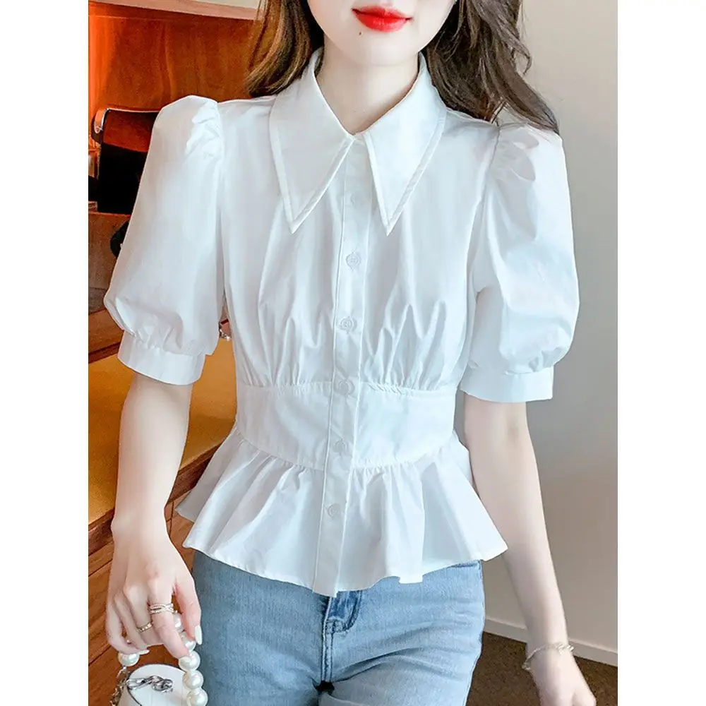 

Summer Tops Women Short Puff Sleeve Chiffon Blouse Shirt Blouse Women Blouses 2024 Women Blouses Femme Top Ruffled V156