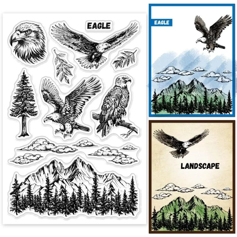 1Sheet Eagle Landscape Clear Stamps Mountain Peak Forest Scenery Silicone Clear Stamp Seals Leaves Clouds Transparent Stamps