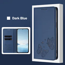 Elegant Double Butterfly Leather Wallet Case with Magnetic Closure and Card Slots for ZTE Blade A52 (Dark Blue)