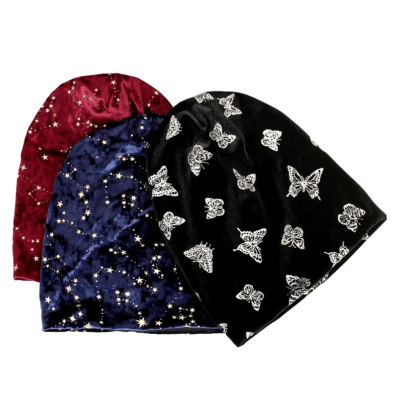 Geebro Women Autumn Winter Velvet Butterfly Skullies Beanies New Fashion Star Stretch Slouchy Hats Ladies Girls Outdoor Cap 2