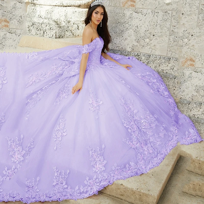 

Lilac Princess Quinceanera Dresses Ball Gown Off The Shoulder Tulle Appliques Sweet 16 Dresses 15 Años Mexican