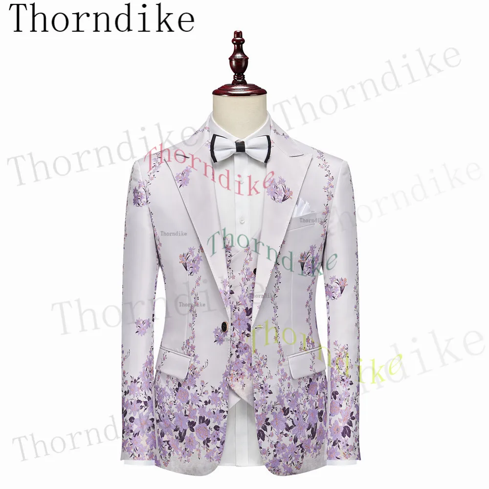 Thorndike Lilac Purple Floral Pattern Tuxedos 3 Pieces Formal Party Costume Homme Slim Fit Men Suits (Blazer + Vest + Pants)