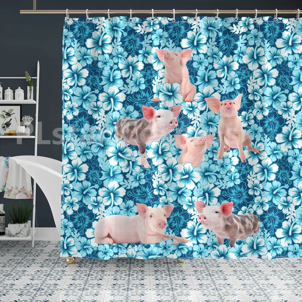 

Pig Blue Hibiscus Shower Curtain 3D Printed Bathroom Curtains with Hooks Funny Animal Shower Curtain