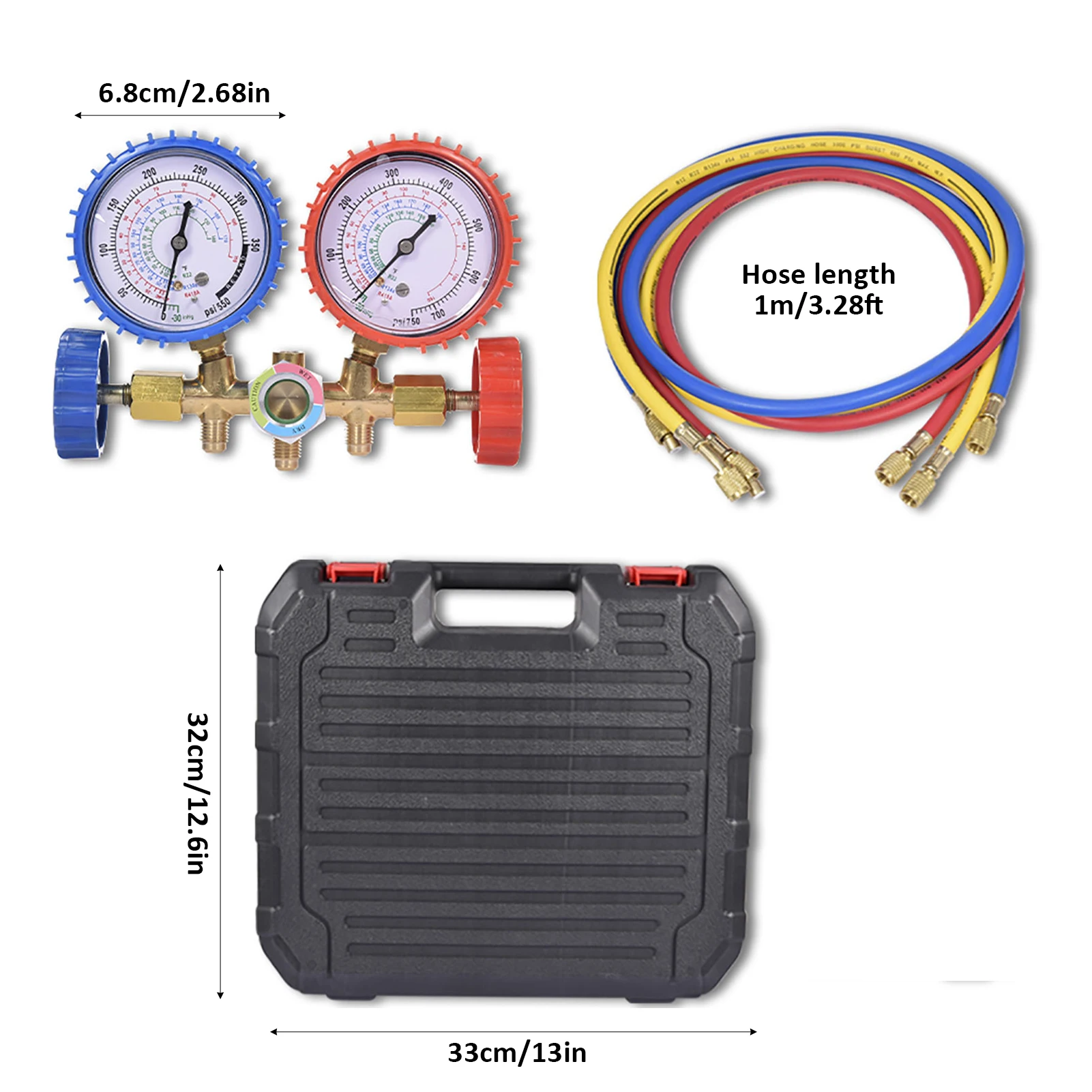 The refrigerant AC level gauge kit is packaged in a cardboard box and features a large knob that is easy to grip 6