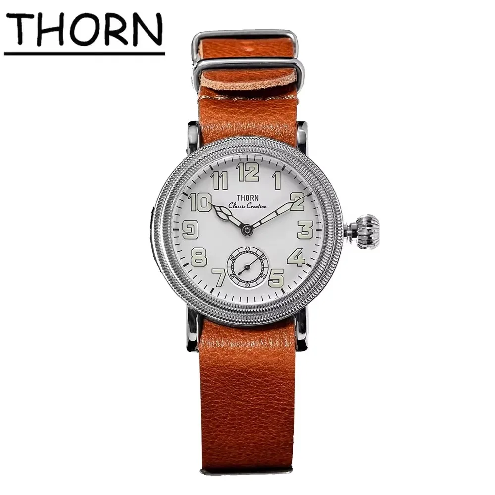 THORN 36mm Diameter Retro Pilot Watch Manual Winding Movement Luminous 5Bar Waterproof Leather Strap