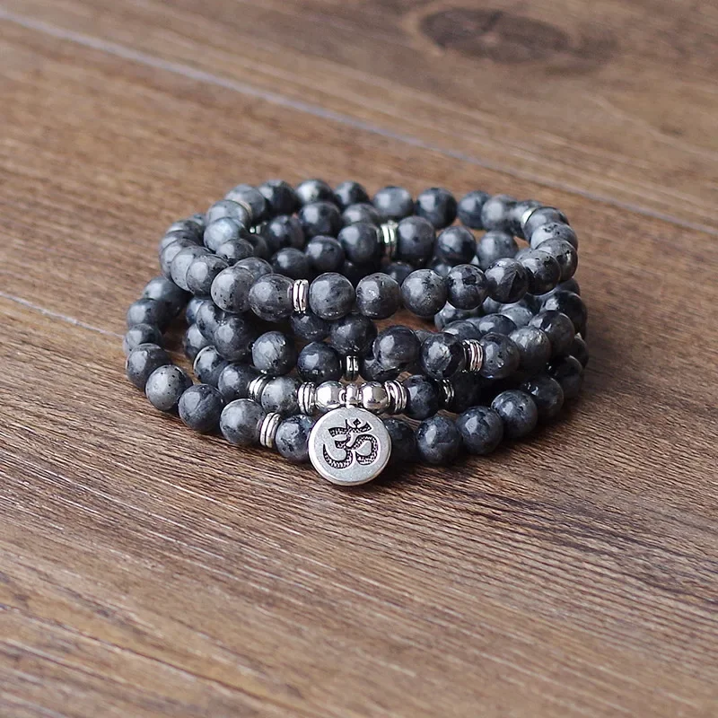 Mala Labradorite Beads Lotus OM Buddha Charm Yoga Bracelet or Necklace Natural Stone for Women Men 108