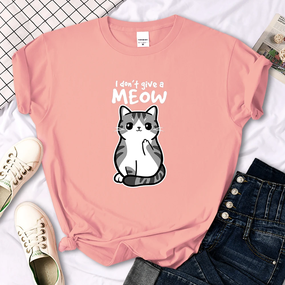 I don't Give A Meow Funny Cat Cartoon Animal Print T-shirts Ladys Oversize Comfortable Kawaii Top Womens Soft Skin-friendly Tees