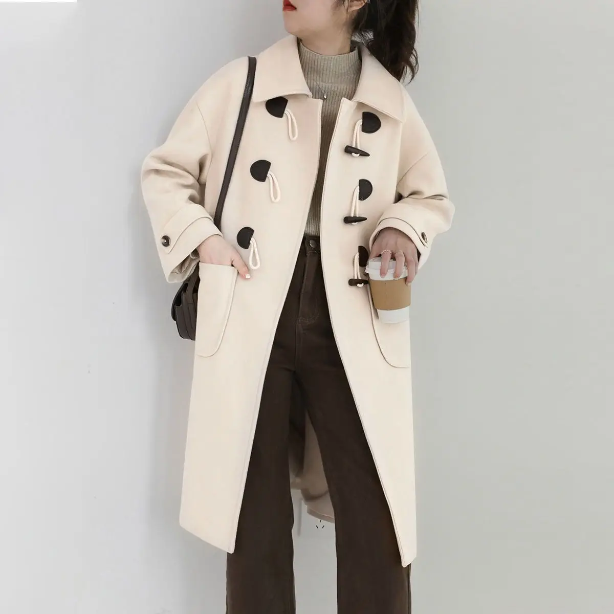 

Retro Cow Horn Trun-Down Collar Simple Woolen Coat 2023 New Autumn Winter Fashion Women Coat Preppy Style Loose Elegant Jackets