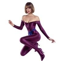 Women Oil Glossy Spandex Elastic Long Sleeve Diving Swimwear Sports Sets Bare Shoulders Jumpsuits Bodysuits Catsuits Party Club - Image 2