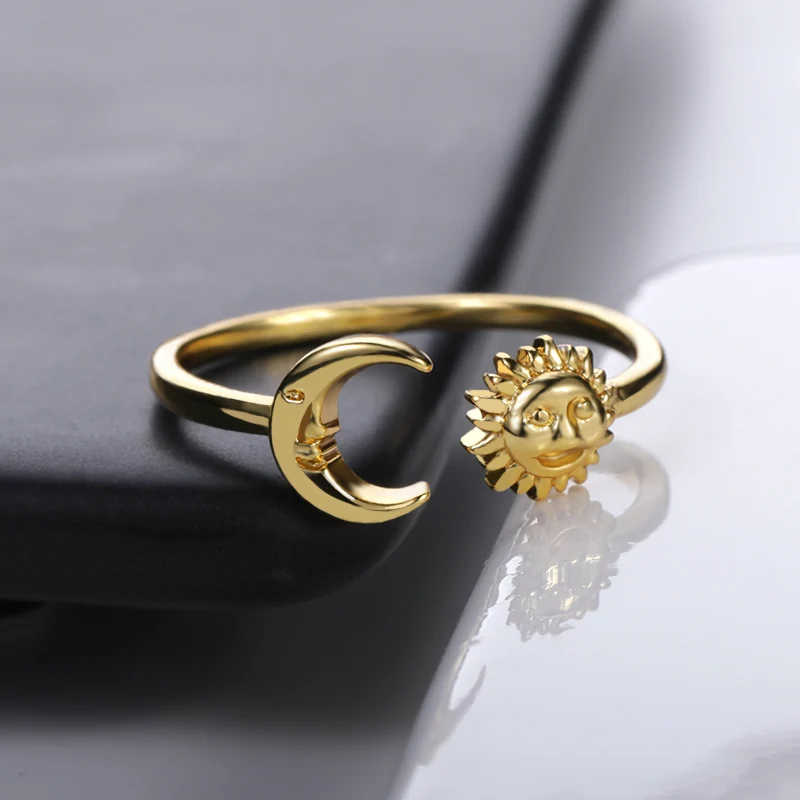 Gold Color Copper Adjustable Sun Moon Rings Wedding Rings For Women Girl Anillos Love Jewelry Daily Wearing Accessories