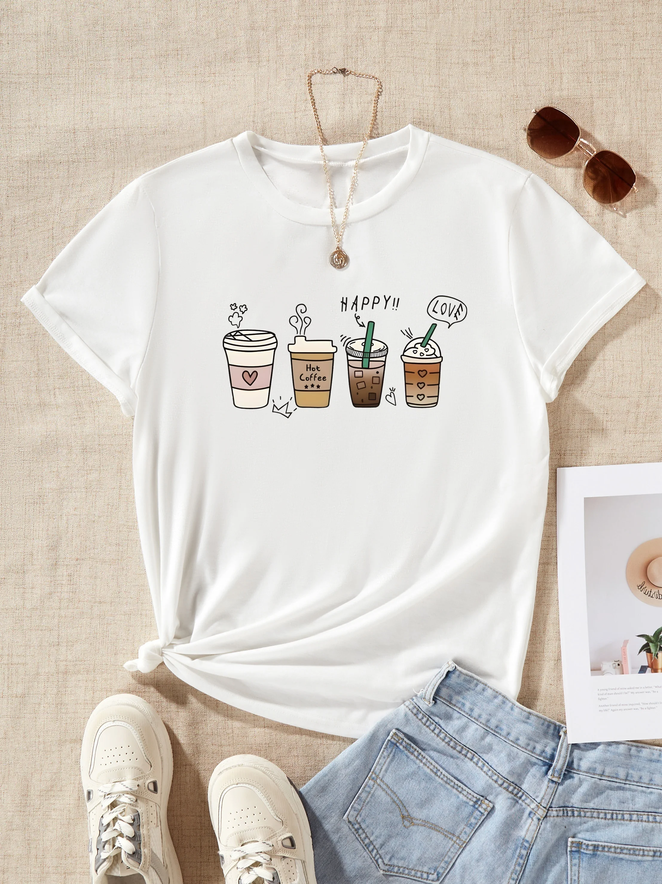 

Women's Coffee Print Crew Neck T-Shirt - Casual Short Sleeve Tee for Spring & Summer