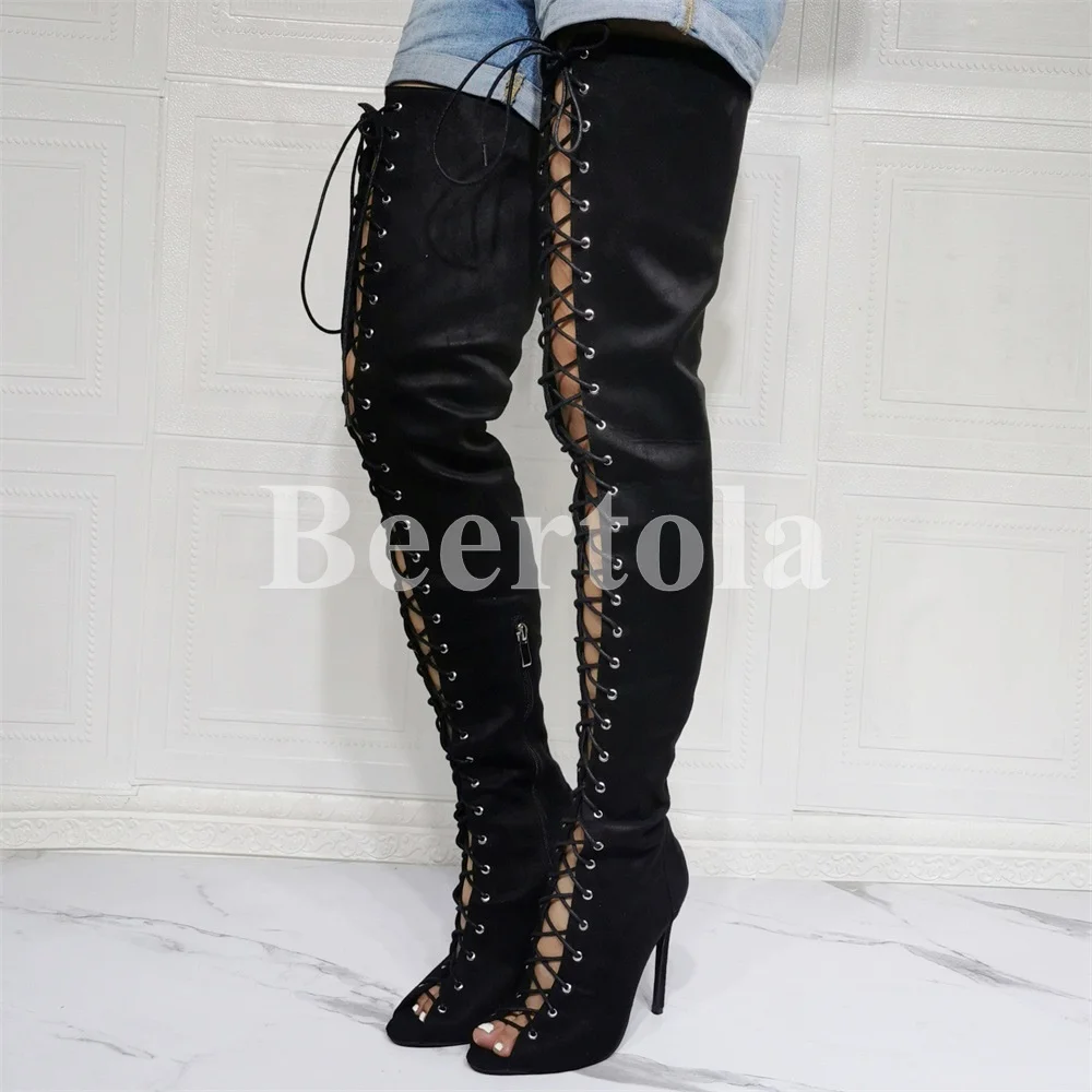

Sexy Peep Toe Cross-Tied Over Knee Boots Women Black Lace Up Thigh High Boots Long Sandals Ladies Gladiator High Heels Shoes