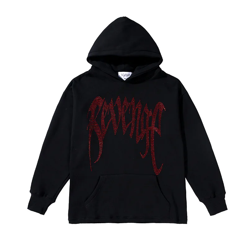 

Harajuku Y2K street tide letters love hot diamond rhinestones loose plus velvet Hooded pullover sweater hip ho Pullover