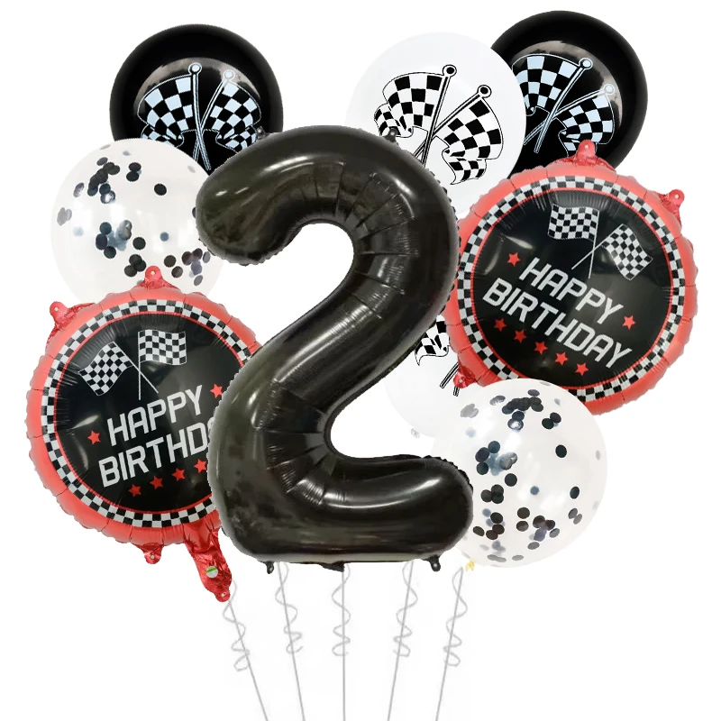 Auto-Rennballons, Verkehrskegel, schwarz, weiß, karierte Flaggen, Rennrad, Reifen, Folienballon, Kinderauto, Geburtstag, Party-Dekorationen – Detail 3