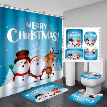 4PCS Bathroom Shower Curtain Set Christmas Snowman Santa Claus Printed Waterproof Shower Curtain Toilet Cover Mat Non Slip Rugs 3