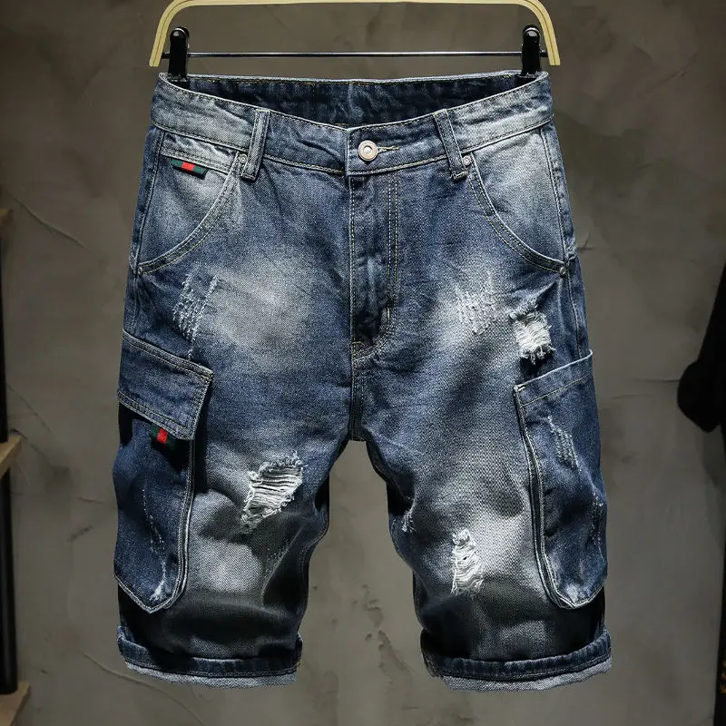 Summer Korean Luxury Washed Solid Ripped Shorts High Quality New Short Pants Fashion Casual Distressed Blue Designer Jeans Men