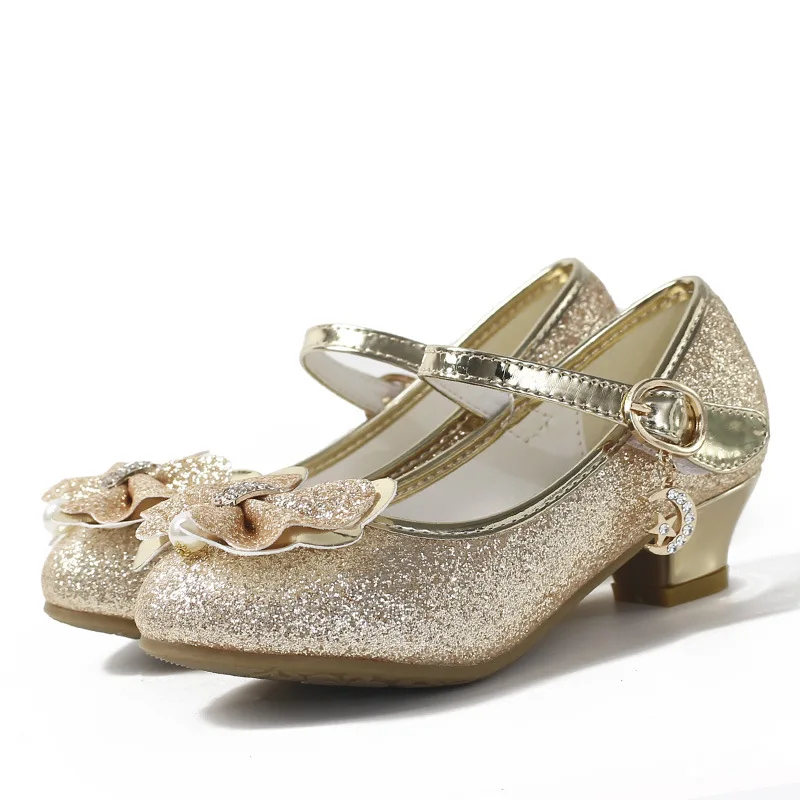 Girls Leather Princess Shoes with Sequins and Bowtie