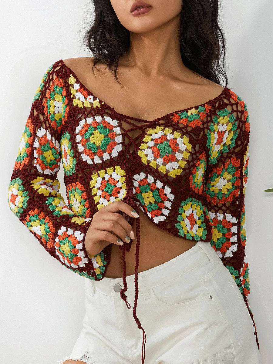 Women Crochet Crop Tops Ethnic Style Tie-up Hollow Floral Pattern V ...