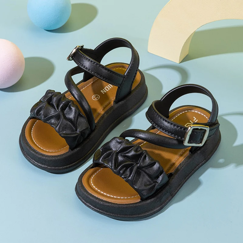 Girls Cute Ruched Pleated Sandals, Comfortable Non-Slip Thick Sole, Breathable Summer Kids Shoes for Daily Wear - 3