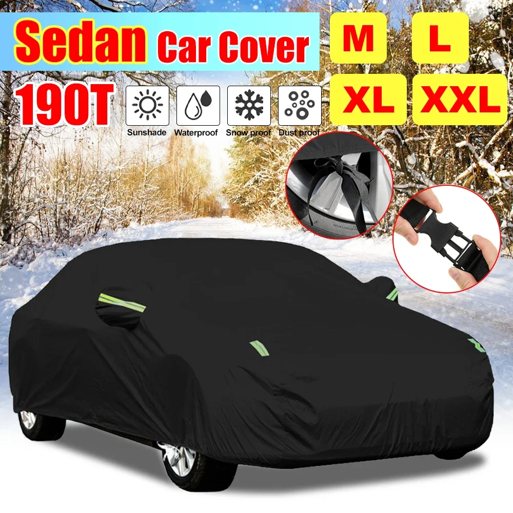 

190T Universal Full Black Auto Car Covers Outdoor Waterproof Sun Rain Snow Protection UV For Sedans Sunshade Covers M/L/XL/XXL