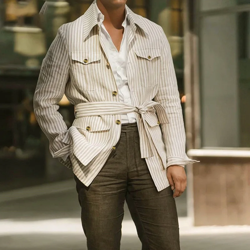 

Men's Long Sleeve Striped Shirt Casual Streewear Button Pocket Belted Shirt For Men Mid-Length Mens Clothes S-5XL 2023 New