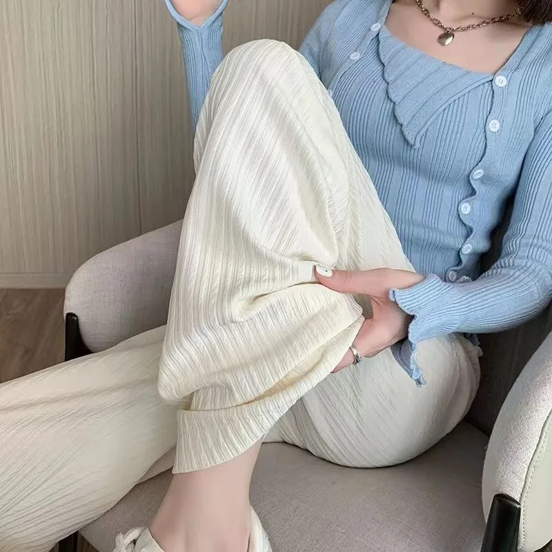 2024 summer new bubble milk puff cloud pants women high waist draped narrow straight casual pants cloud puff wide leg pants