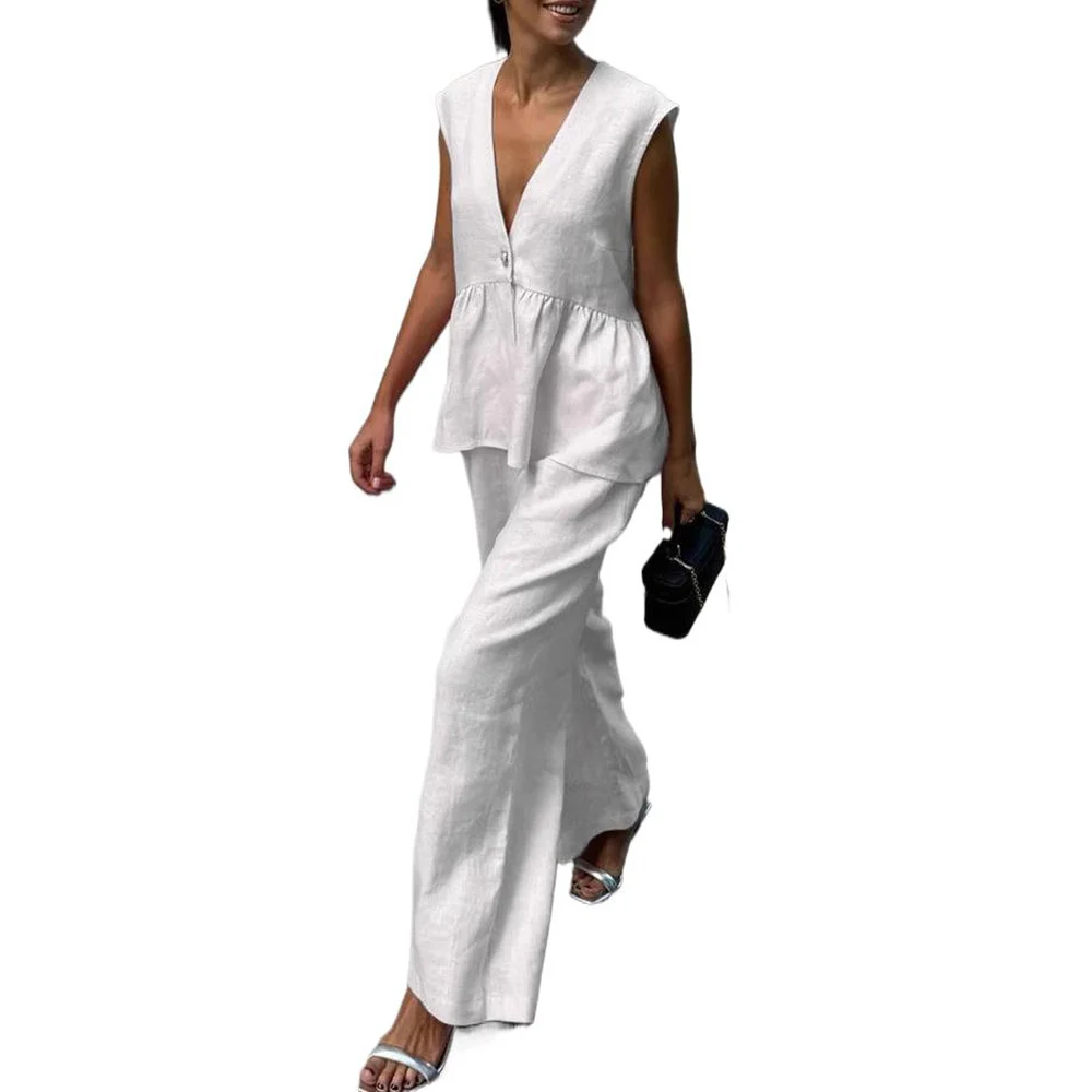 Women Summer V Neck Sleeveless Vest Suits