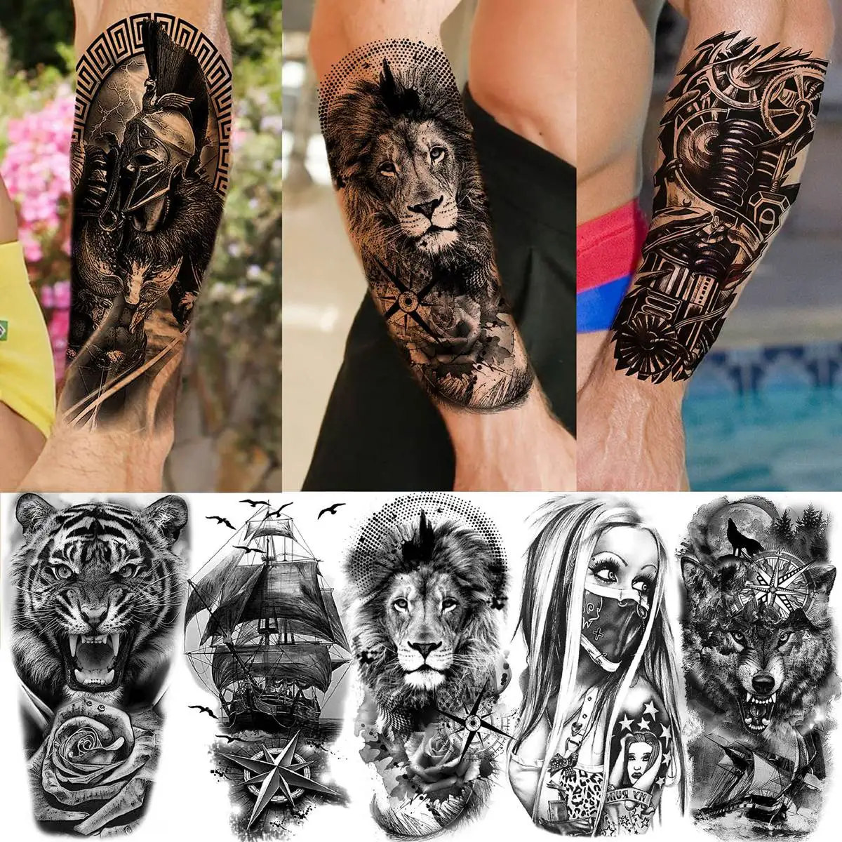 Tattoo Zubehör 63 Blatt Schwarzer Löwe Wolf Temporäre Tattoos Für Frauen  Männer Arm Gefälschte Tiger Tattoo Aufkleber Beängstigend Schäl Skelett  Tatoos Eule Blume Halloween Tattoos, image size:1200x1200