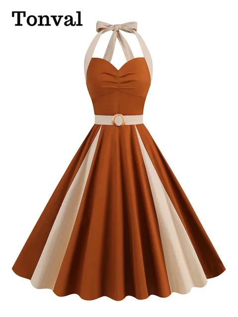 Tonval Brown and Beige Patchwork Vintage Cotton Dresses for Women Sweetheart Neck High Waist Backless Party Dresses 1