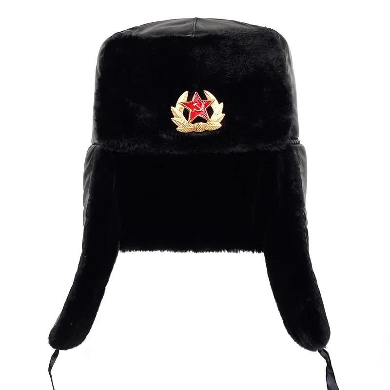 

Soviet Army Military Badge Russia Ushanka Bomber Hats Pilot Trapper trooper Hat Winter Faux Rabbit Fur Earflap Men Snow Caps