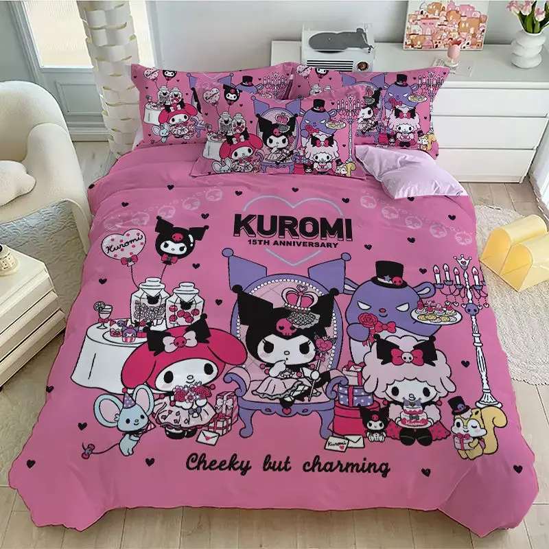 

Sanrio Kawaii Kuromi Quilt Cover Cute Cartoon Anime Figure Four-Piece Bed Set Bed Sheet Cover Toys for Girls Boys Kid Gifts