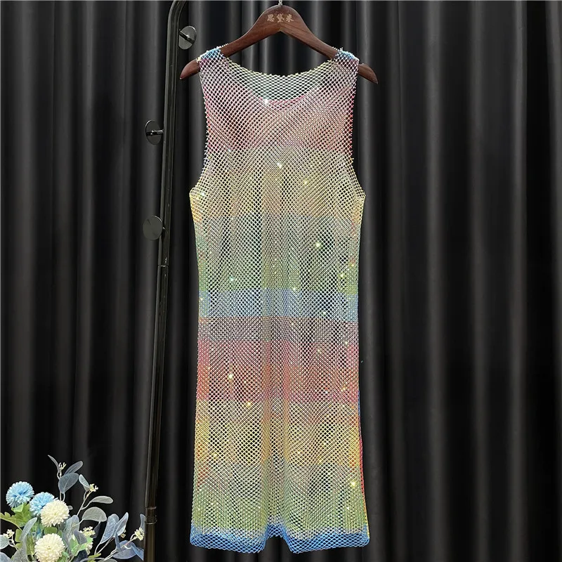 

Sparkling Hot Diamond Rainbow Round Neck Sleeveless Vest Dress Mesh Color Diamond Hollow See-through Skirt Women's Clothes