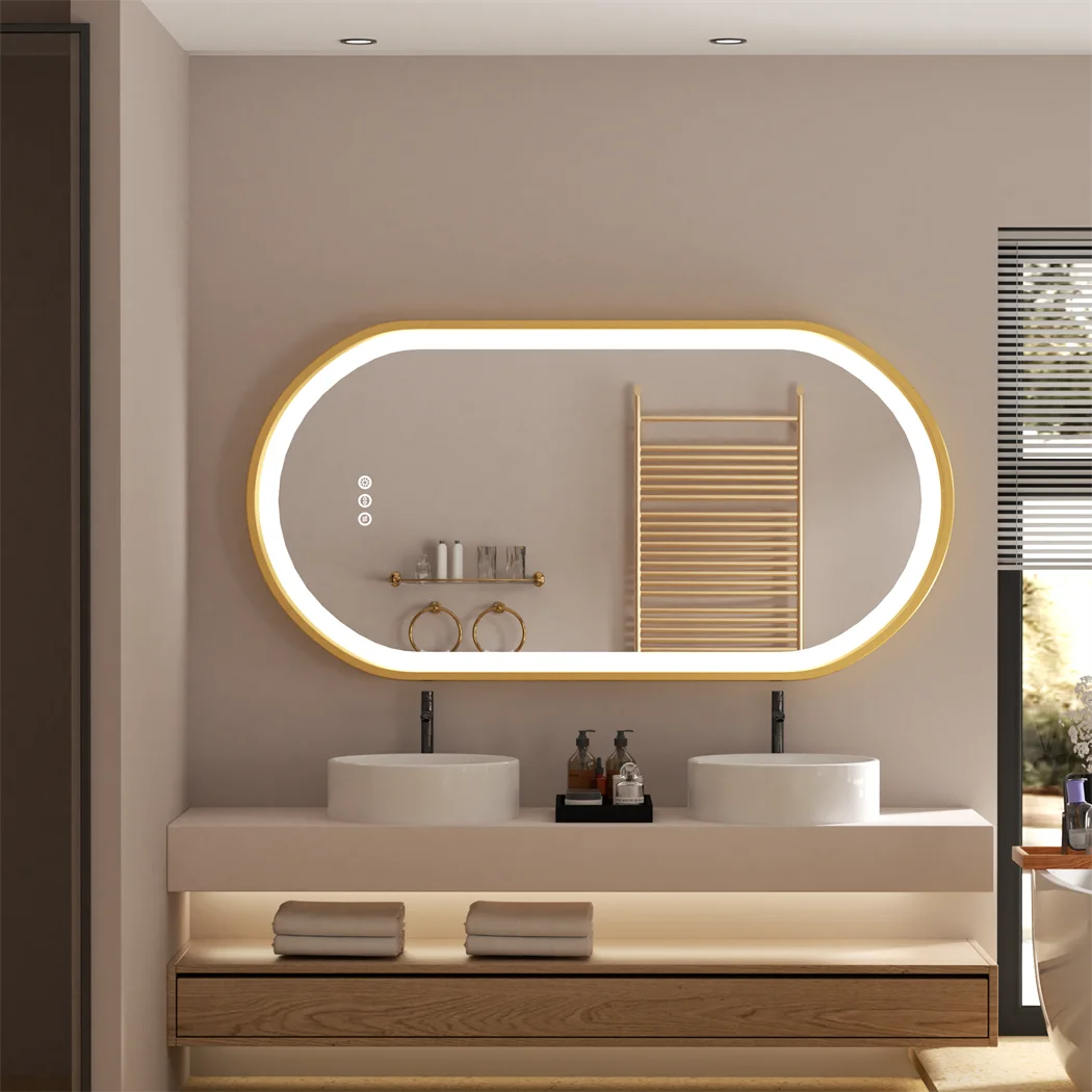 LUVODI Luxury Oval Led Illuminated Bathroom Mirror Gold Aluminum Frame with Demister Pad 3