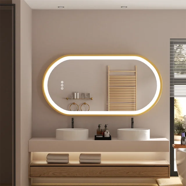 LUVODI Specchio da bagno illuminato a LED ovale di lusso con cornice in alluminio dorato con tappetino disappannante 3