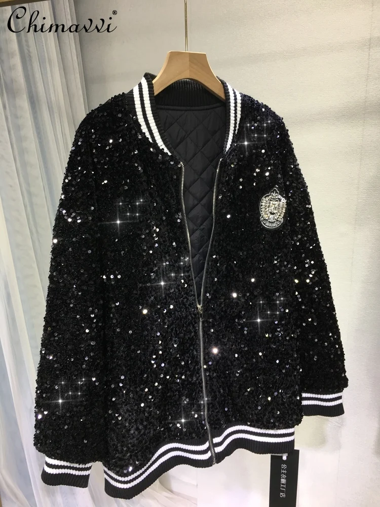 

European Goods Sequins Cotton-Padded Jacket Light Luxury Cotton Padded Thickened Mid-Length Slim Large Coat 2023 Winter Clothes