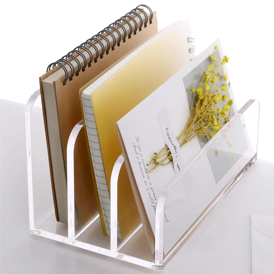 Acrylic Desktop File Organizer, 5 Compartments Mail Organizer Clear Laddered Upright Multifunction Letter Sorter For Office Home School Desk Organization - View #2