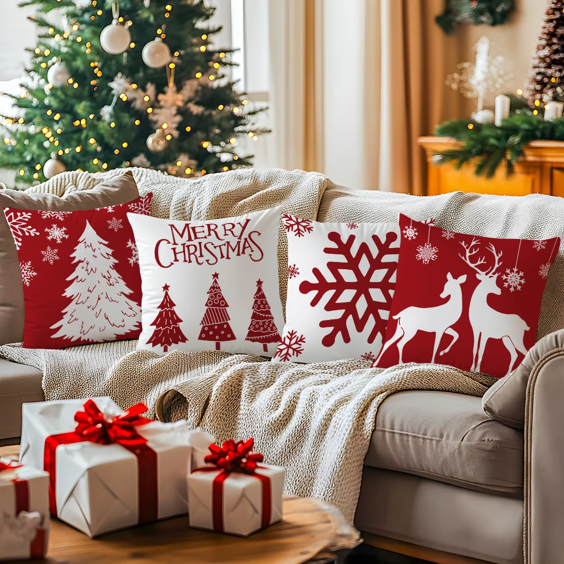 Lot De 4 Taies D'oreiller Noël Rouge Et Blanc 18x18 Pouces - 100% Polyester, Lavable, Motifs Hiver