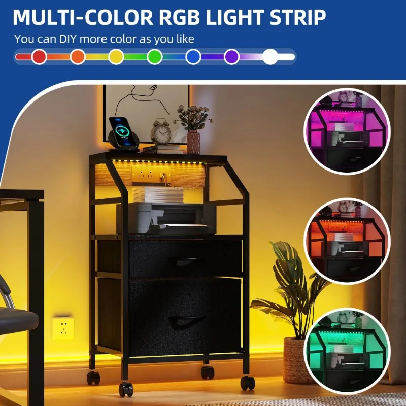 Mobile File Cabinet with 2 Drawer , Fabric Vertical File Cabinet with Wheels & Charging Station, Printer Stand with Open Shelf 6