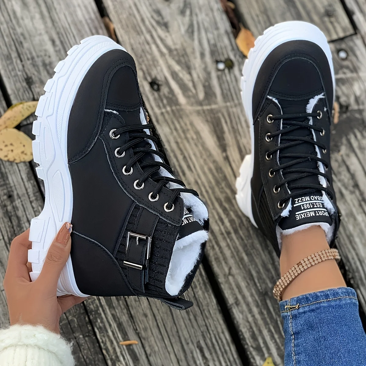 Women High Top Lace Up Buckle Boots - Image 3