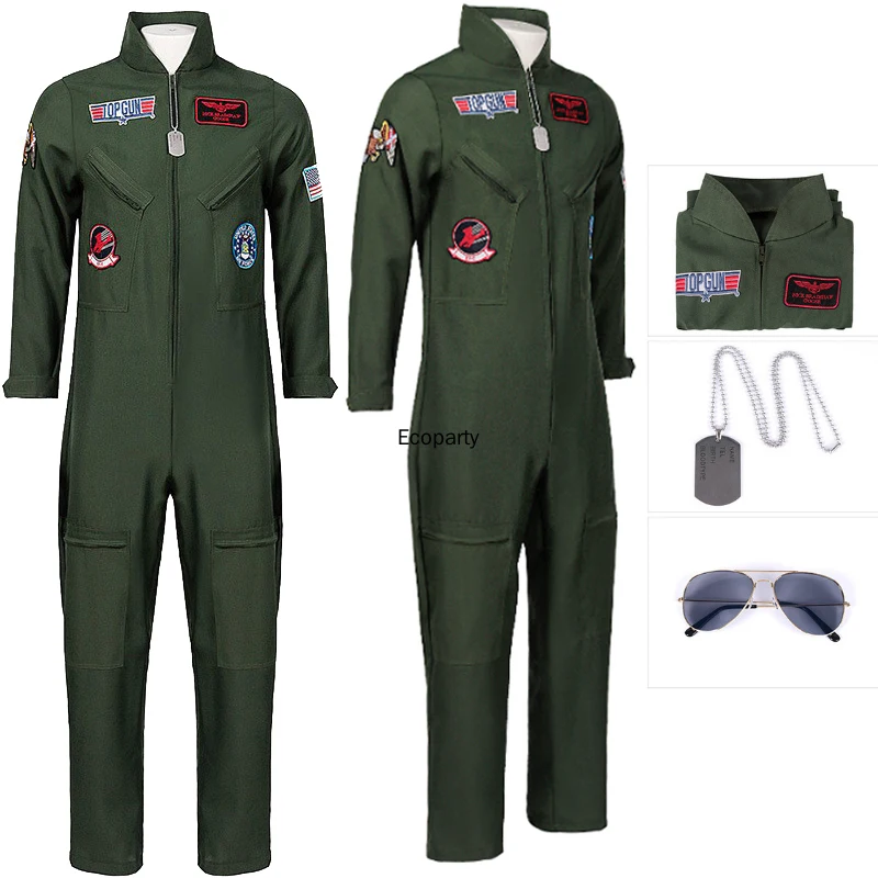 Adult Halloween Top Gun Pilot Costume for Men Air Force Cosplay Uniform Jumpsuits with Necklace Glasses Carnival Party Outfits