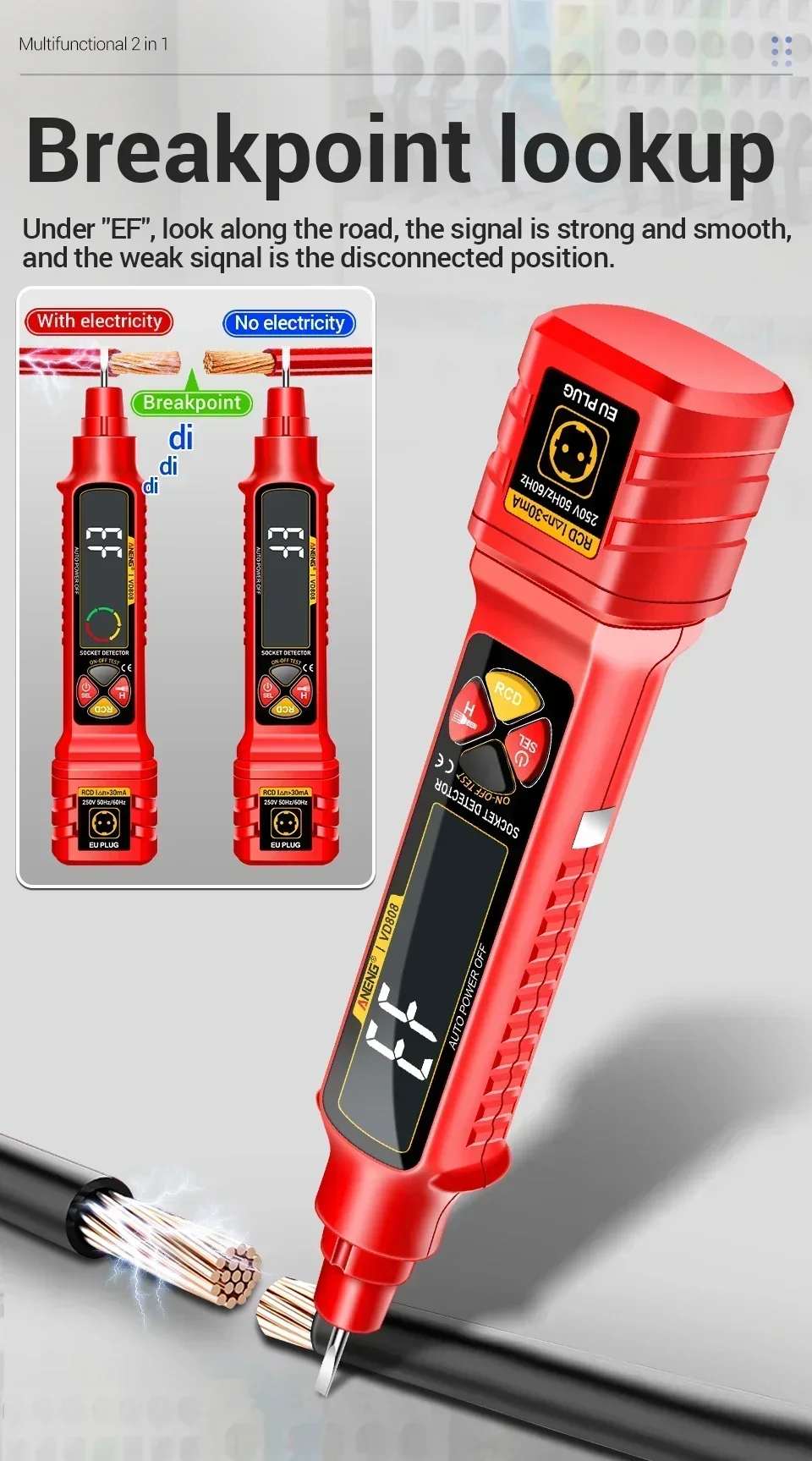 Steckdosen-Leistungsanalysator ANENG VD808 AC/DC-Spannungs-Steckdosentester, digitaler Leistungsschalter, Finder, Leckage, Polarität, Leckage – Detail 8