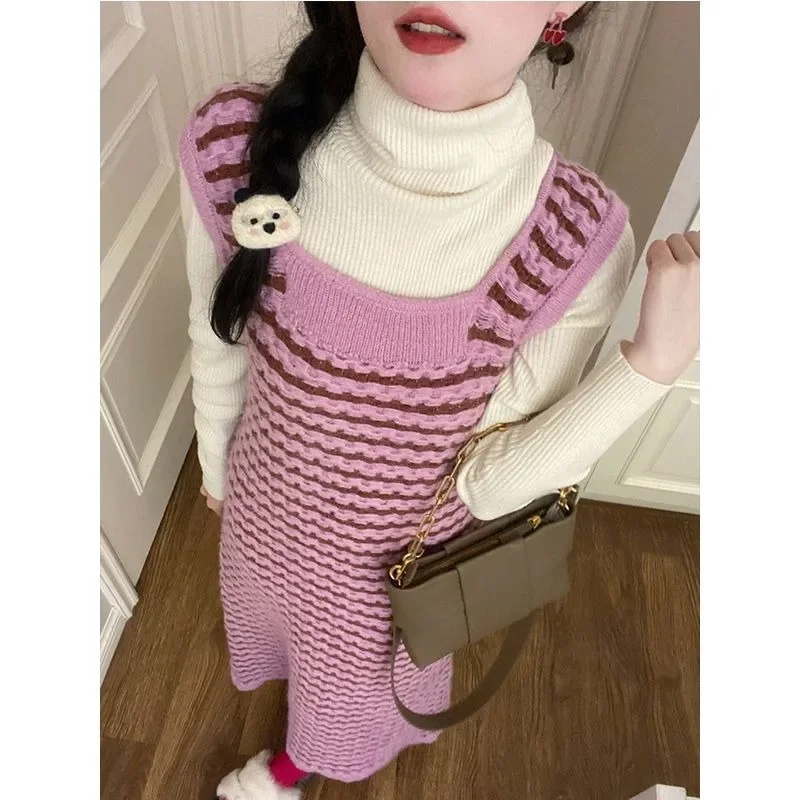 

Women's Autumn Two Piece Set Korean Pink Stripe Tank Top Suspended Dress Pure Desire Neck Knitted Bottom Shirt Set for Women