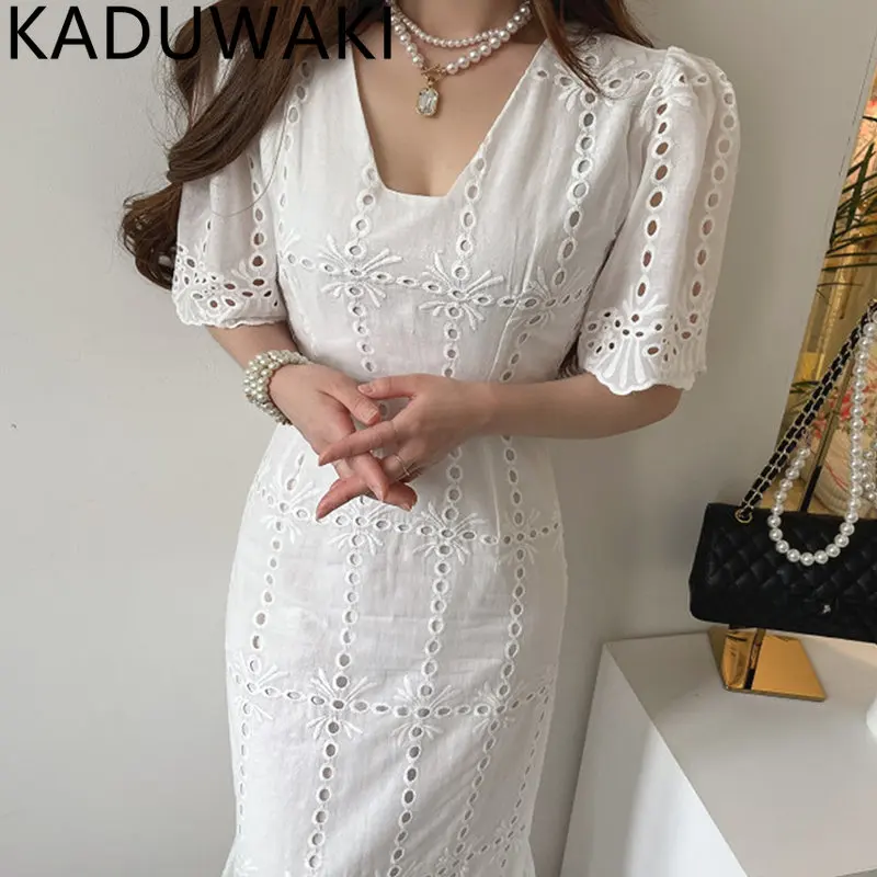 

French Hollow Out Jacquard Fishtail Dresses 2024 Women Summer Simple Luxury Texture Slim Ruffle Edge Fashionable Long Dress