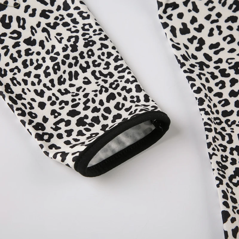 Contrast Binding Leopard Long Sleeve Tees O Neck Slim American Retro Casual Spring Autumn T Shirts
