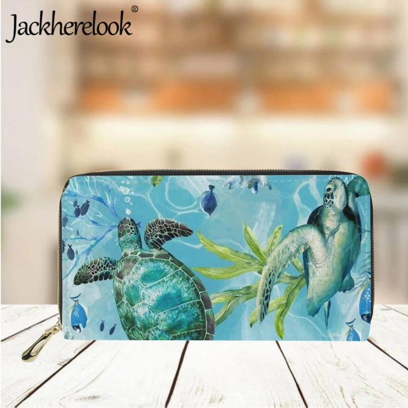 Jackherelook Fashion Sea Turtle Pattern Print Wallet Women Long Leather Luxury Purse Card Holder Trendy Clutch Ladies Money Bag