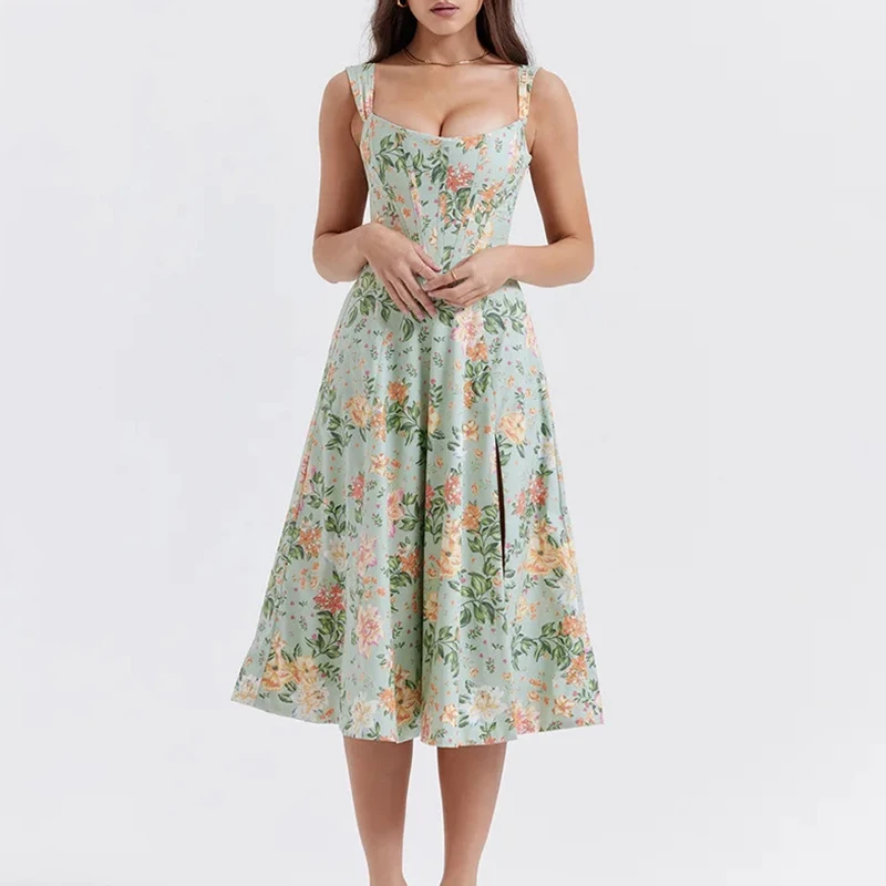 

Women Elegant Off Shoulder Slim Evening Dress Sexy Sleeveless Backless Suspenders Dress Fashion Flower Print Pleated Midi Dress