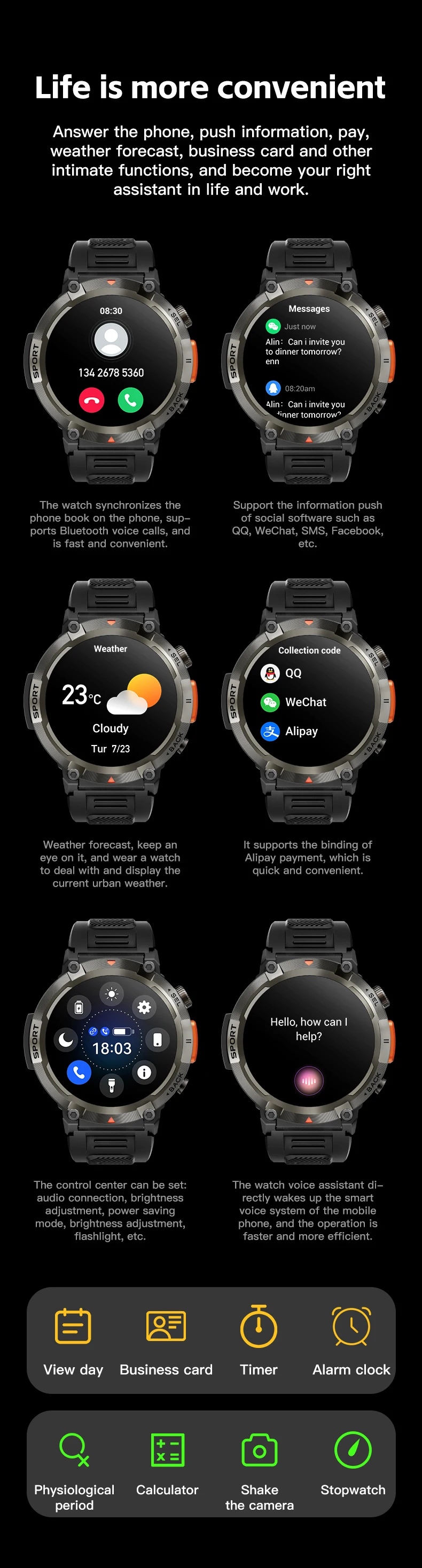 Montre connectée de sport pour hommes avec lampe de poche, moniteur de tension artérielle | Étanchéité IP67 pour Android IOS